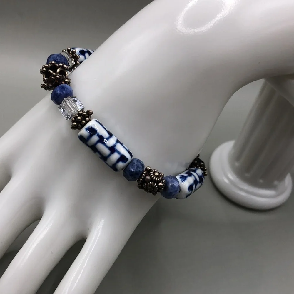 𝅺Vintage artisan handmade ceramic bead sterling silver bracelet boho free spirit